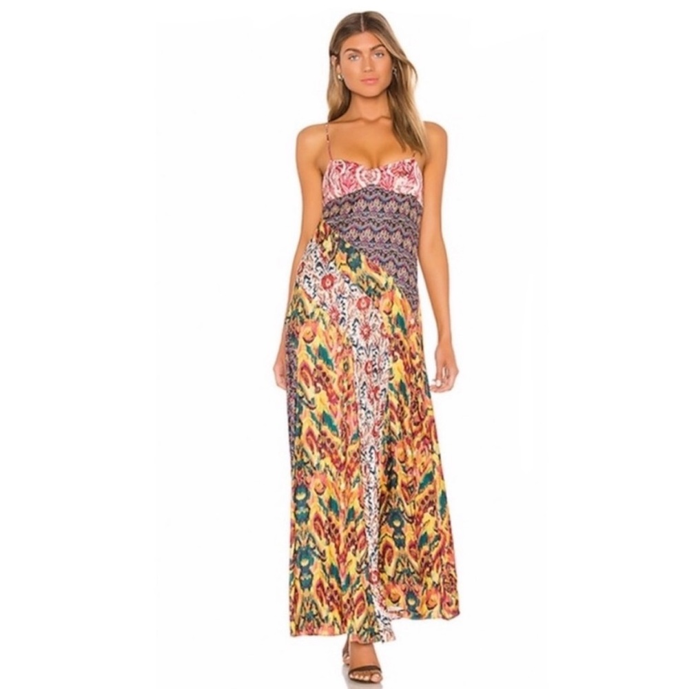 Free People Holiday Hero Satin Maxi Dress in Multicolor Graphic-Print size 6